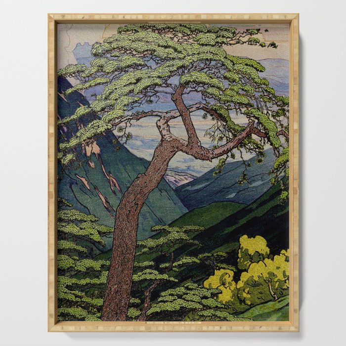 The Downwards Climbing - Summer Tree & Mountain Ukiyoe Nature Landscape in Green Serving Tray Gallery Image 1