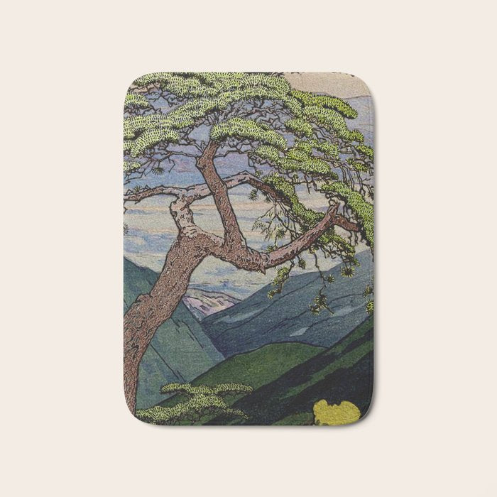 The Downwards Climbing - Summer Tree & Mountain Ukiyoe Nature Landscape in Green Bath Mat Gallery Image 1