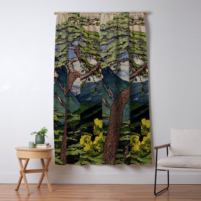 The Downwards Climbing - Summer Tree & Mountain Ukiyoe Nature Landscape in Green Window Curtain Gallery Image 5