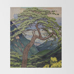 The Downwards Climbing - Summer Tree & Mountain Ukiyoe Nature Landscape in Green Throw Blanket Gallery Image 2