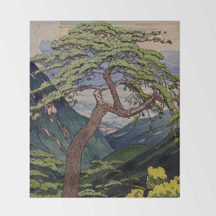 The Downwards Climbing - Summer Tree & Mountain Ukiyoe Nature Landscape in Green Throw Blanket Gallery Image 2