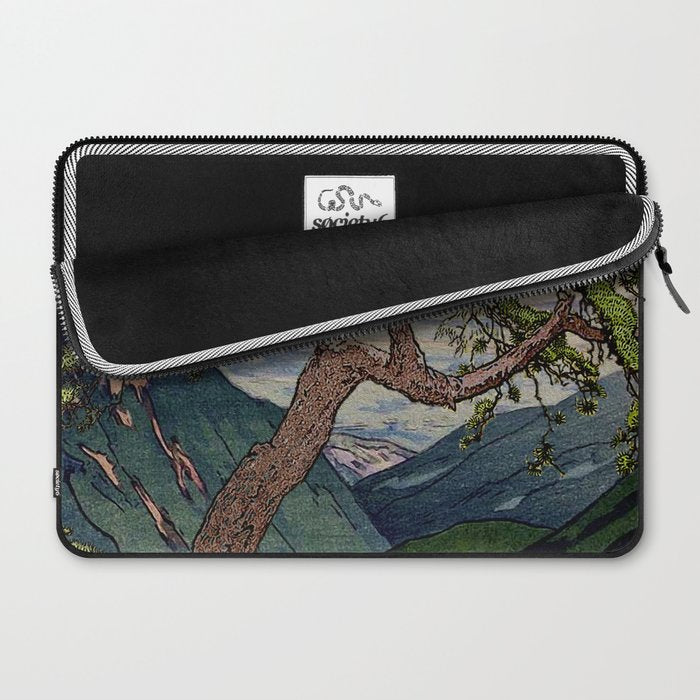 The Downwards Climbing - Summer Tree & Mountain Ukiyoe Nature Landscape in Green Laptop Sleeve Gallery Image 2