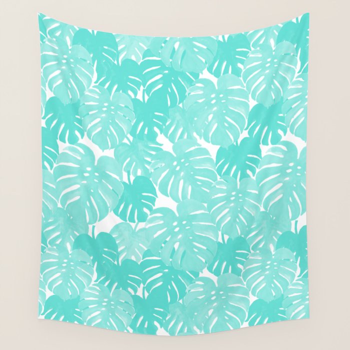 Monstera tropical palm leaves watercolor botanical painting pastel blue decor Wall Tapestry Gallery Image 4