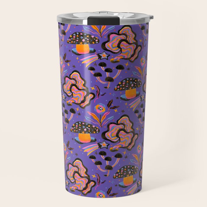Trippy mushrooms and stars - purple Travel Mug Gallery Image 1
