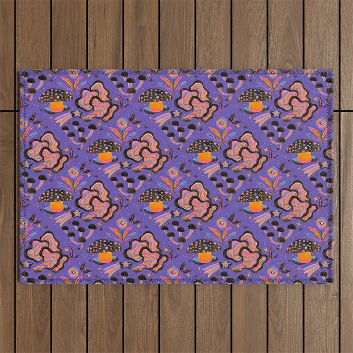 Trippy mushrooms and stars - purple Outdoor Rug