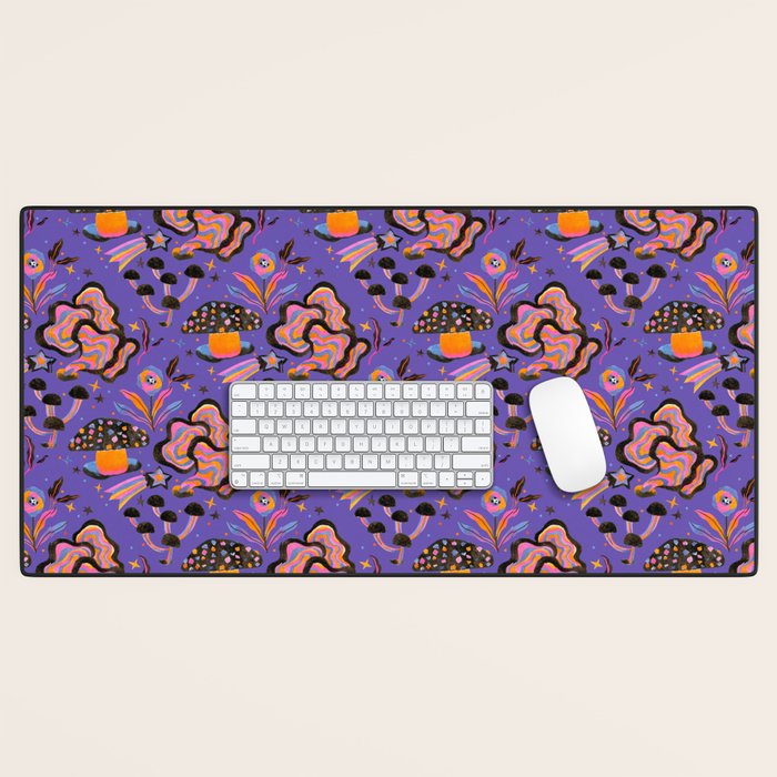 Trippy mushrooms and stars - purple Desk Mat Gallery Image 1