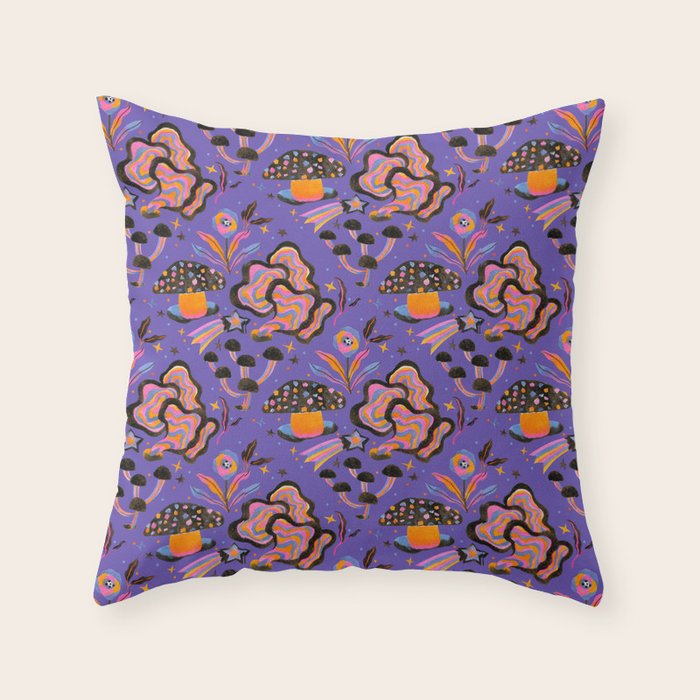 Trippy mushrooms and stars - purple Throw Pillow Gallery Image 6