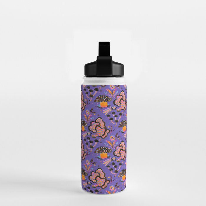 Trippy mushrooms and stars - purple Water Bottle Gallery Image 2