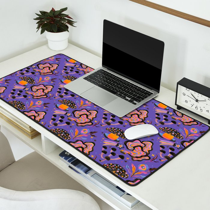 Trippy mushrooms and stars - purple Desk Mat Gallery Image 2