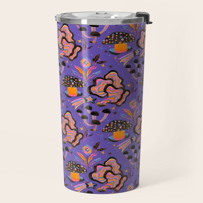 Trippy mushrooms and stars - purple Travel Mug Gallery Image 2