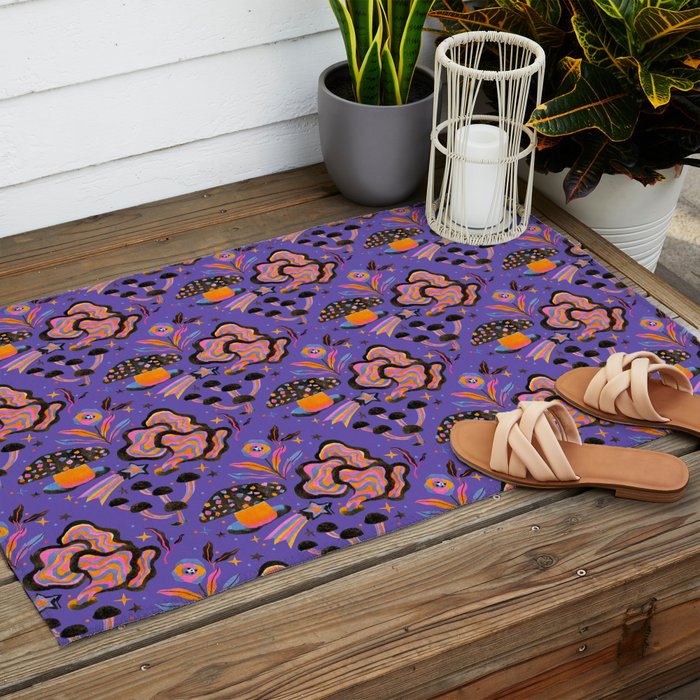 Trippy mushrooms and stars - purple Outdoor Rug Gallery Image 2