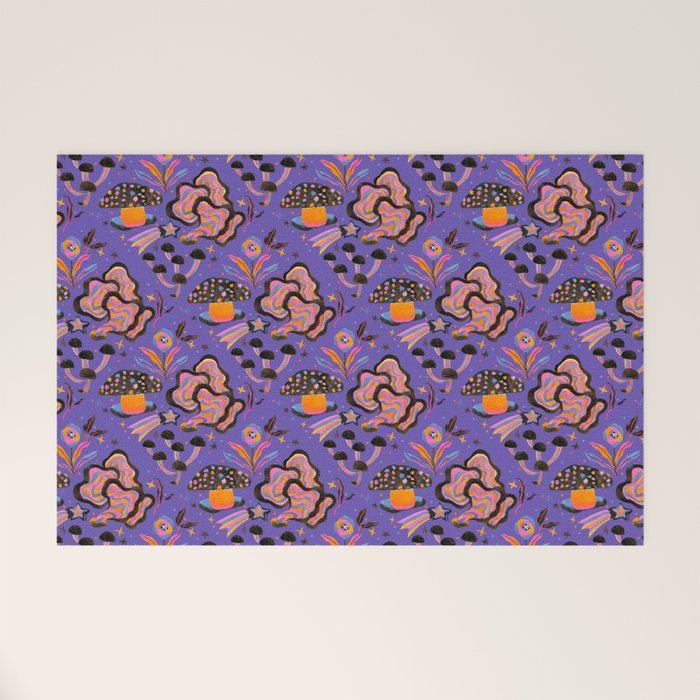 Trippy mushrooms and stars - purple Welcome Mat
