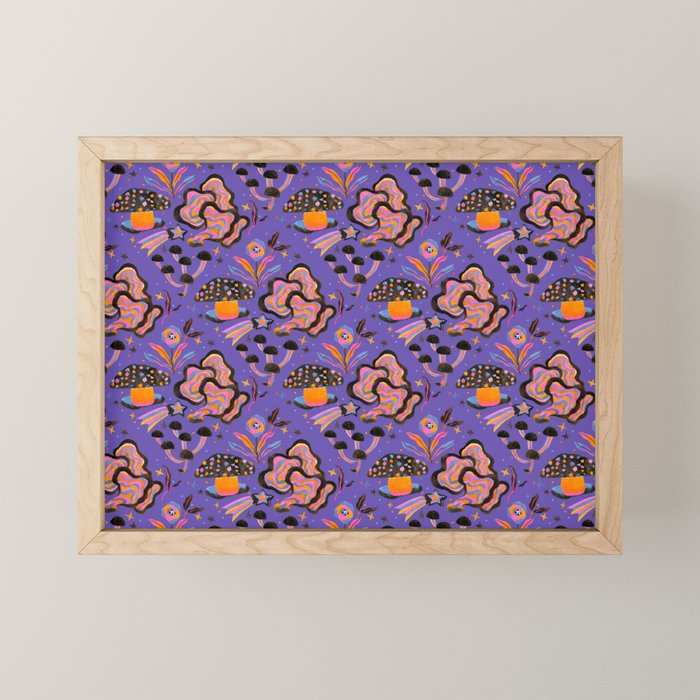 Trippy mushrooms and stars - purple Mini Art Print Gallery Image 1