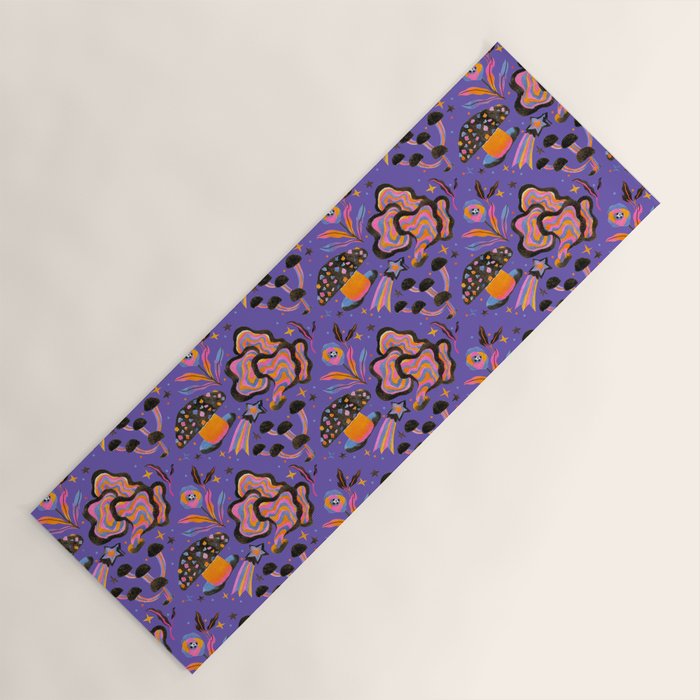 Trippy mushrooms and stars - purple Yoga Mat Gallery Image 1