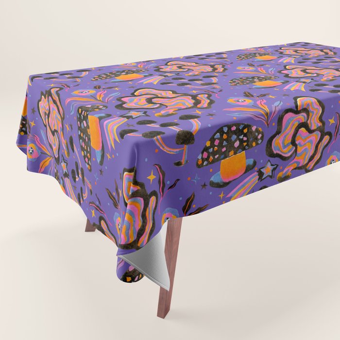Trippy mushrooms and stars - purple Tablecloth Gallery Image 1