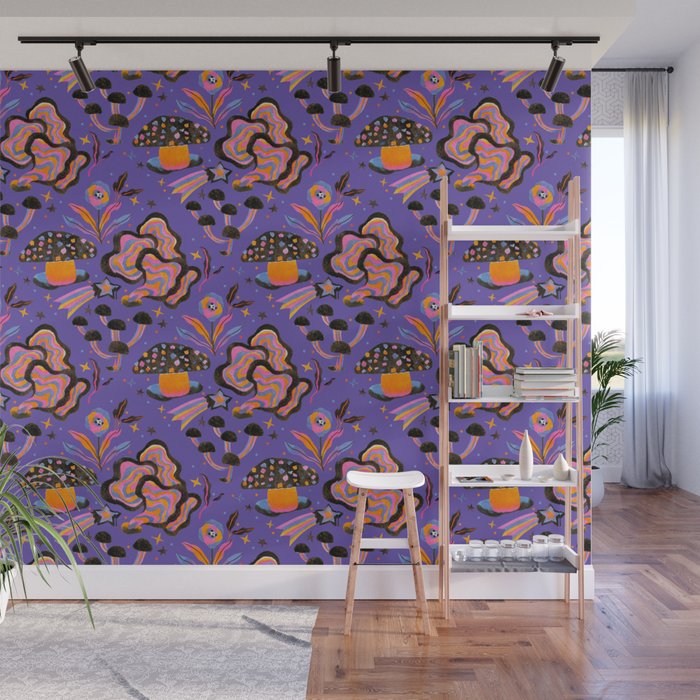 Trippy mushrooms and stars - purple Wall Mural Gallery Image 1