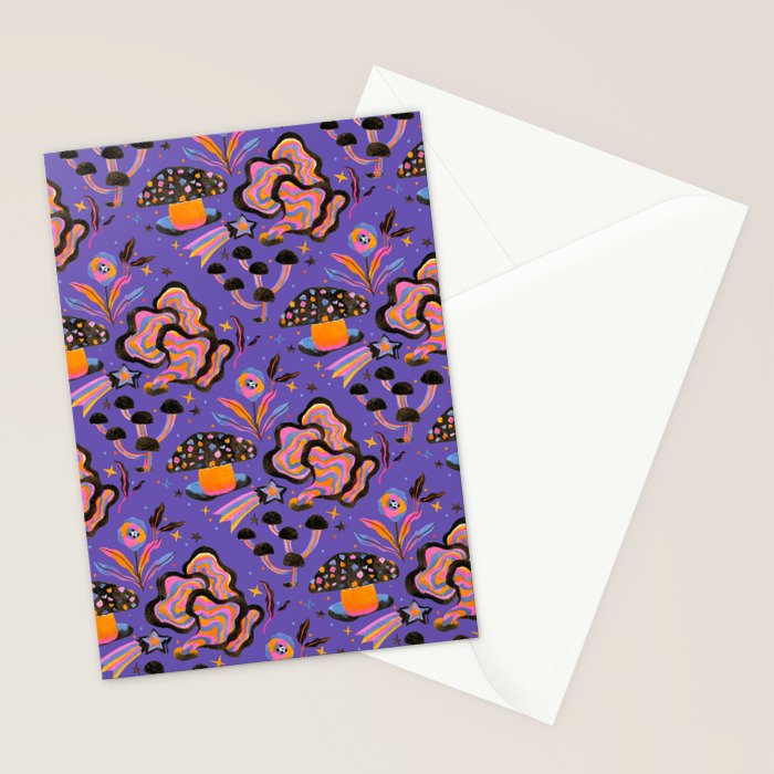 Trippy mushrooms and stars - purple Stationery Card Gallery Image 2