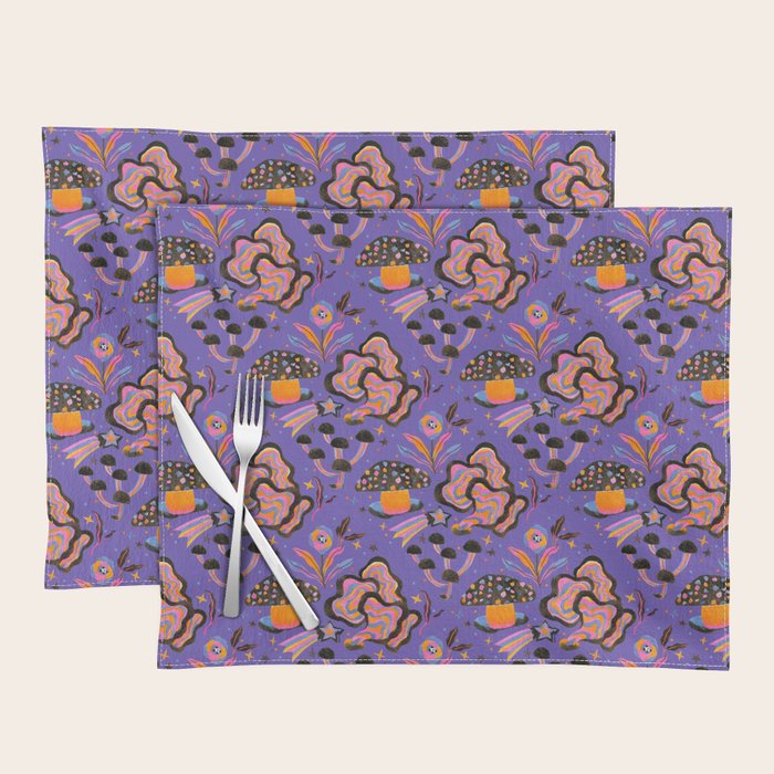 Trippy mushrooms and stars - purple Placemat Gallery Image 1