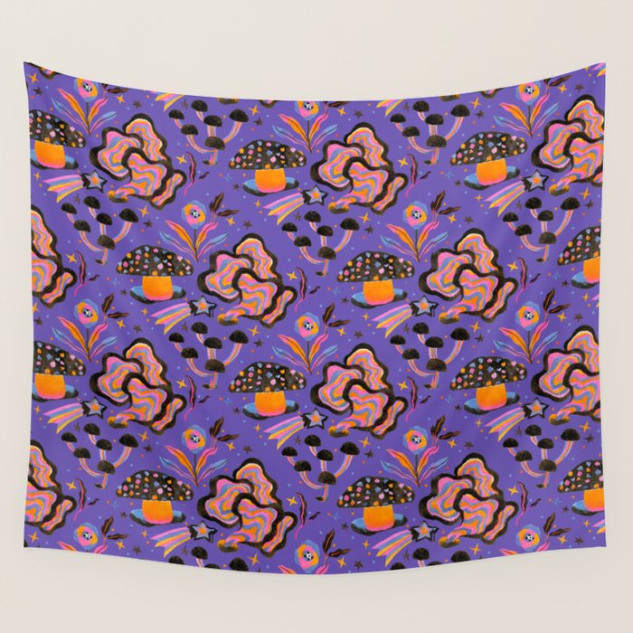 Trippy mushrooms and stars - purple Wall Tapestry Gallery Image 4