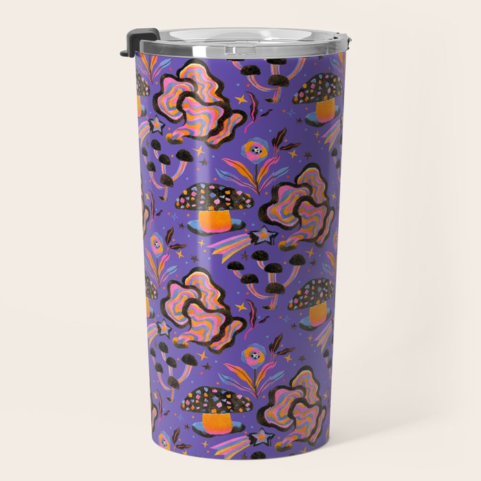 Trippy mushrooms and stars - purple Travel Mug Gallery Image 3