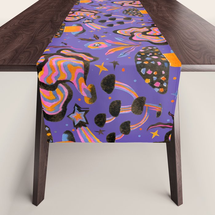 Trippy mushrooms and stars - purple Table Runner Gallery Image 1