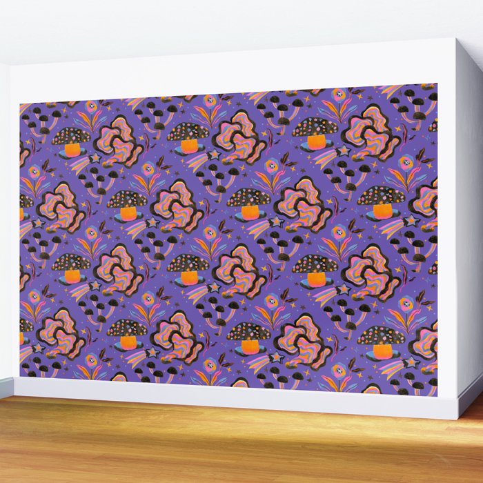 Trippy mushrooms and stars - purple Wall Mural Gallery Image 2