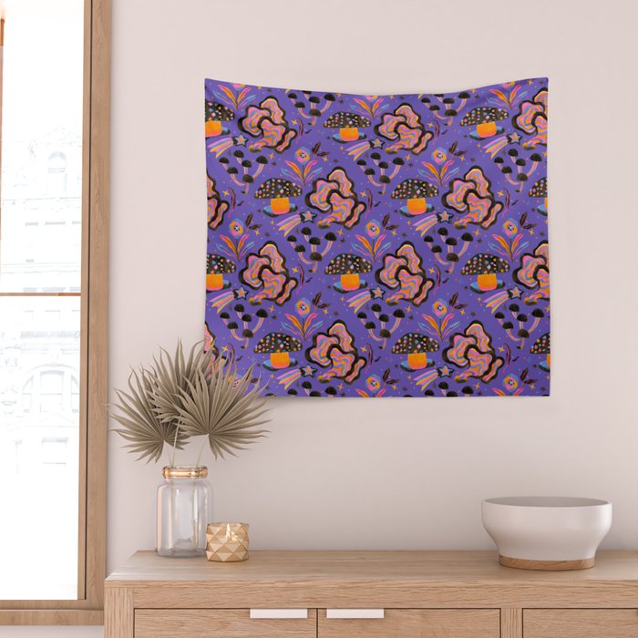 Trippy mushrooms and stars - purple Wall Tapestry Gallery Image 2