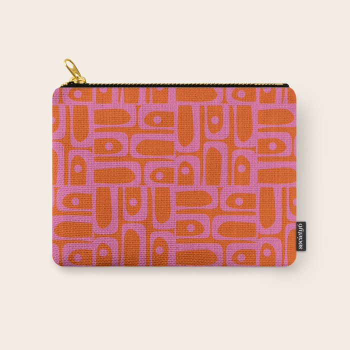 Mid Century Modern Piquet Abstract Geometric Multi Pattern in Hot Pink and Red-Orange Carry All Pouch Gallery Image 1
