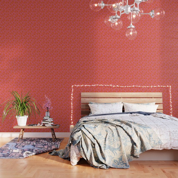 Mid Century Modern Piquet Abstract Geometric Multi Pattern in Hot Pink and Red-Orange Wallpaper Gallery Image 3