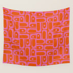 Mid Century Modern Piquet Abstract Geometric Multi Pattern in Hot Pink and Red-Orange Wall Tapestry Gallery Image 4