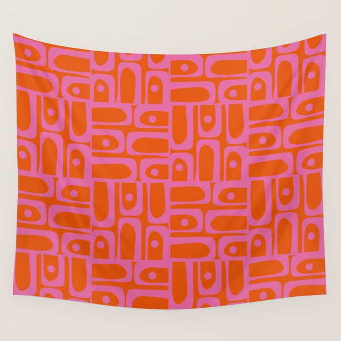 Mid Century Modern Piquet Abstract Geometric Multi Pattern in Hot Pink and Red-Orange Wall Tapestry Gallery Image 4