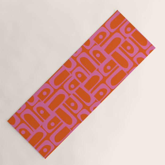 Mid Century Modern Piquet Abstract Geometric Multi Pattern in Hot Pink and Red-Orange Yoga Mat Gallery Image 1