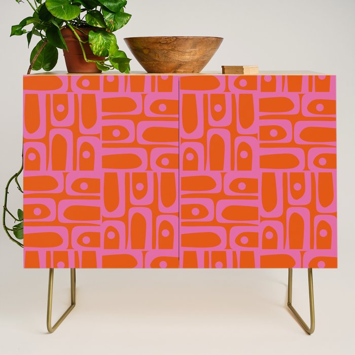 Mid Century Modern Piquet Abstract Geometric Multi Pattern in Hot Pink and Red-Orange Credenza Gallery Image 1