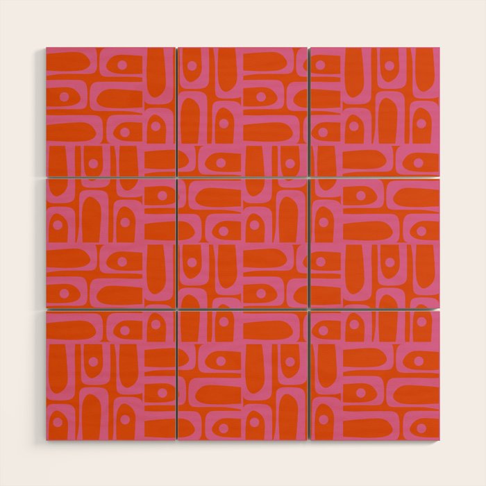 Mid Century Modern Piquet Abstract Geometric Multi Pattern in Hot Pink and Red-Orange Wood Wall Art Gallery Image 1