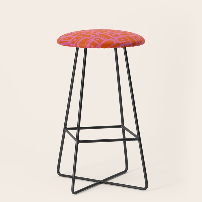 Mid Century Modern Piquet Abstract Geometric Multi Pattern in Hot Pink and Red-Orange Stool Gallery Image 1