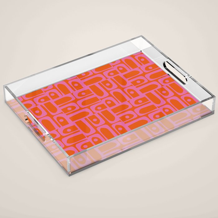 Mid Century Modern Piquet Abstract Geometric Multi Pattern in Hot Pink and Red-Orange Acrylic Tray Gallery Image 1