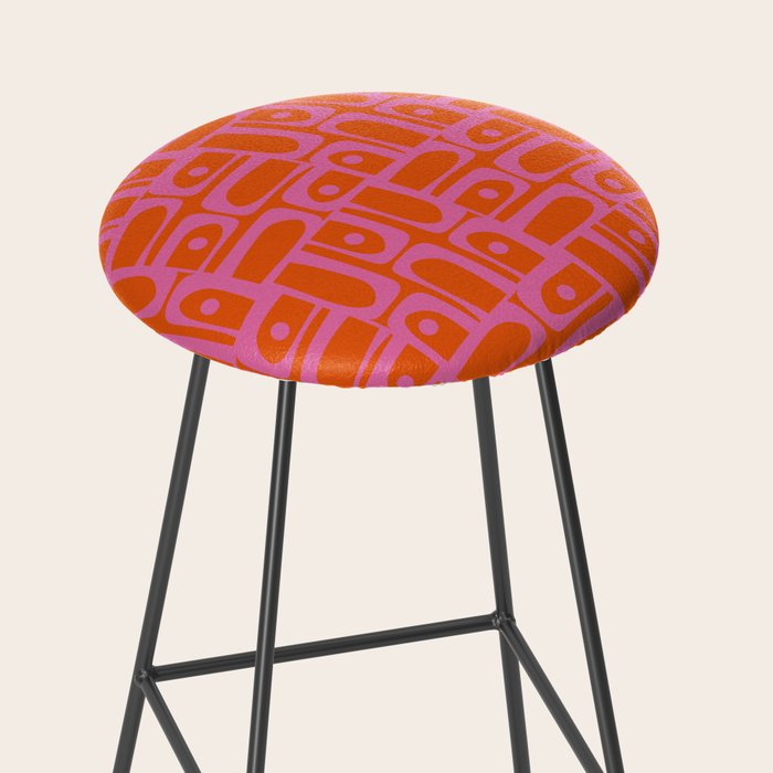Mid Century Modern Piquet Abstract Geometric Multi Pattern in Hot Pink and Red-Orange Stool Gallery Image 2