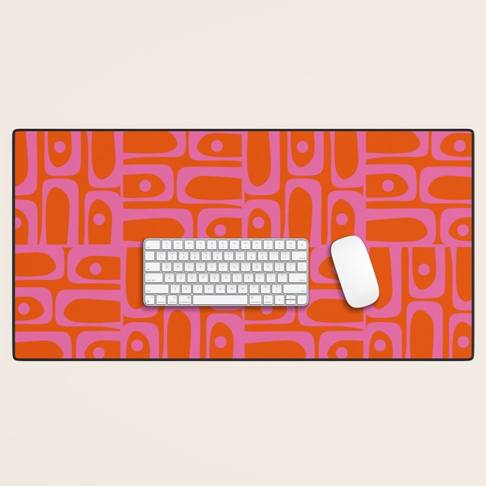Mid Century Modern Piquet Abstract Geometric Multi Pattern in Hot Pink and Red-Orange Desk Mat Gallery Image 1