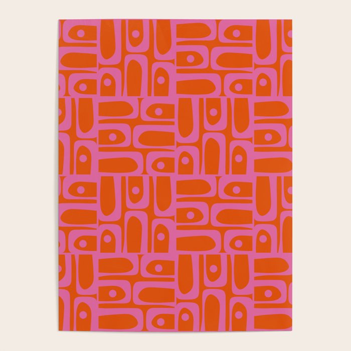 Mid Century Modern Piquet Abstract Geometric Multi Pattern in Hot Pink and Red-Orange Poster Gallery Image 4