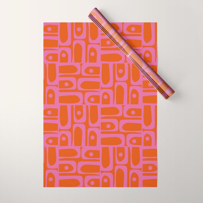 Mid Century Modern Piquet Abstract Geometric Multi Pattern in Hot Pink and Red-Orange Wrapping Paper Gallery Image 1