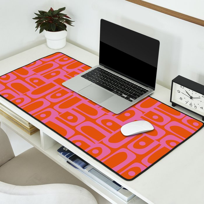 Mid Century Modern Piquet Abstract Geometric Multi Pattern in Hot Pink and Red-Orange Desk Mat Gallery Image 2