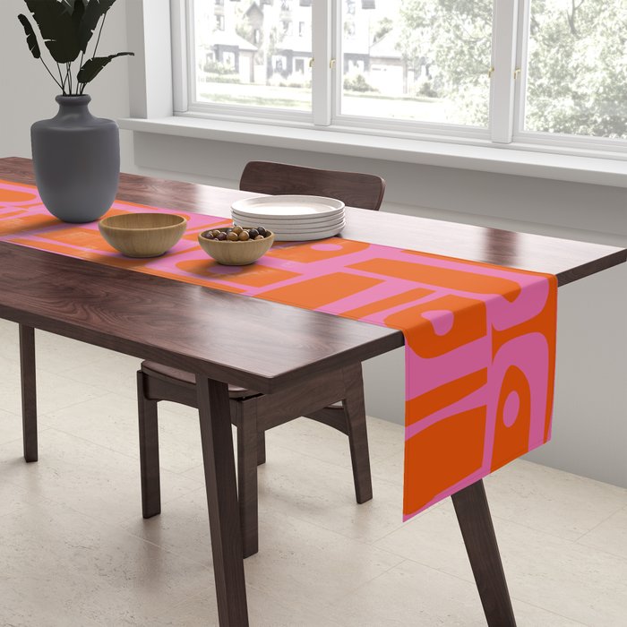 Mid Century Modern Piquet Abstract Geometric Multi Pattern in Hot Pink and Red-Orange Table Runner Gallery Image 2
