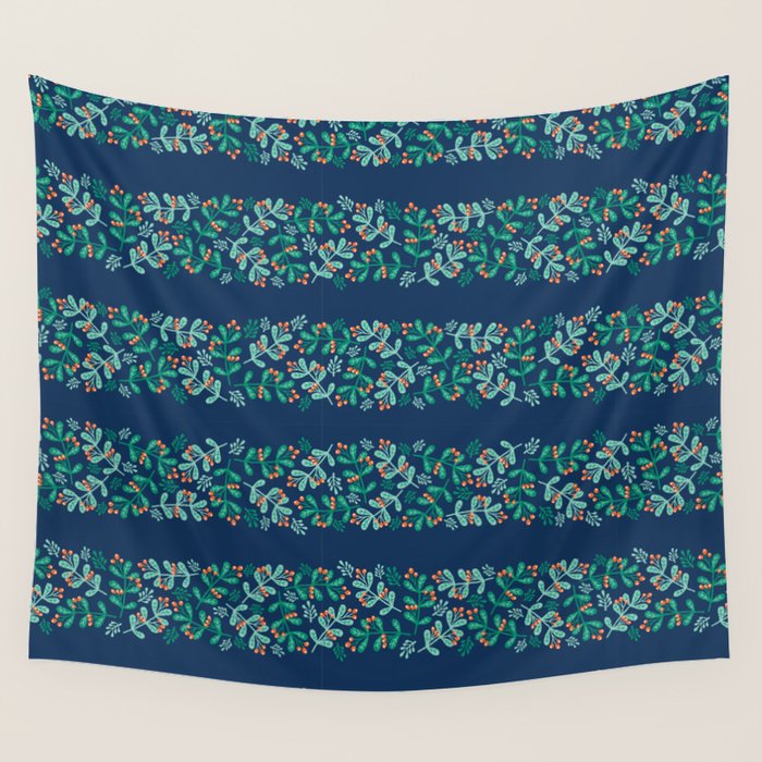 Mistletoe Christmas Stripes Blue Wall Tapestry Gallery Image 4