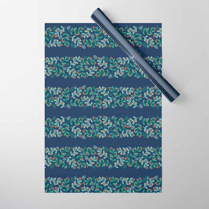 Mistletoe Christmas Stripes Blue Wrapping Paper Gallery Image 1