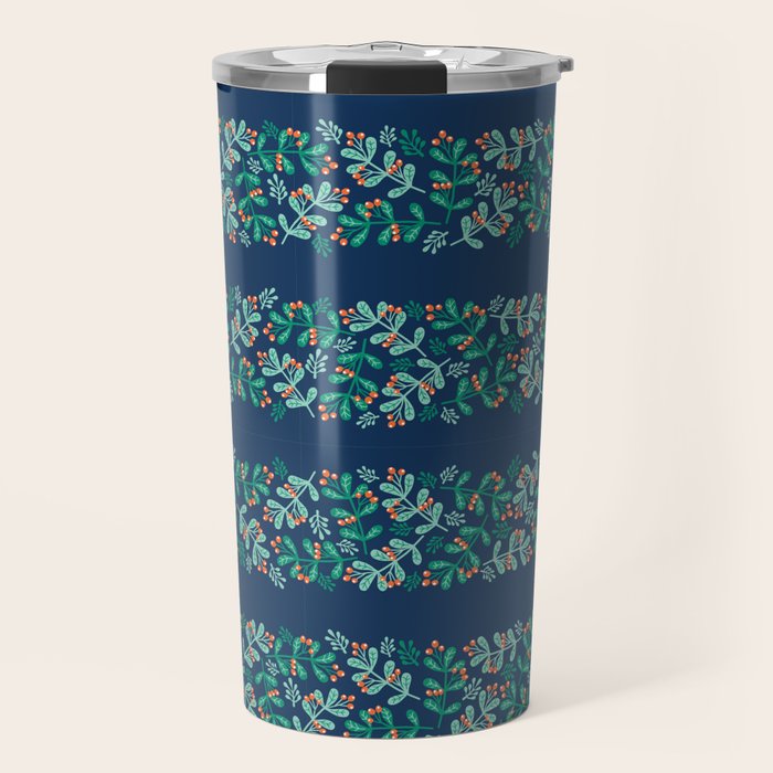 Mistletoe Christmas Stripes Blue Travel Mug Gallery Image 1