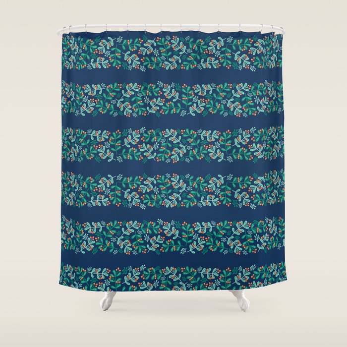 Mistletoe Christmas Stripes Blue Shower Curtain Gallery Image 1
