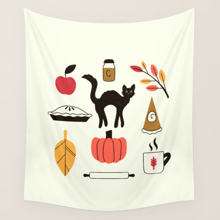 Black Cat Pumpkin Autumn Baking Motif Wall Tapestry Gallery Image 4