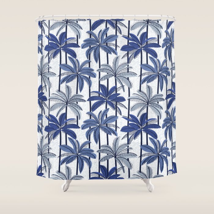 Retro Palm Springs vibes // white background highball indigo electric and pastel blue palm trees oxford navy blue lines Shower Curtain Gallery Image 1