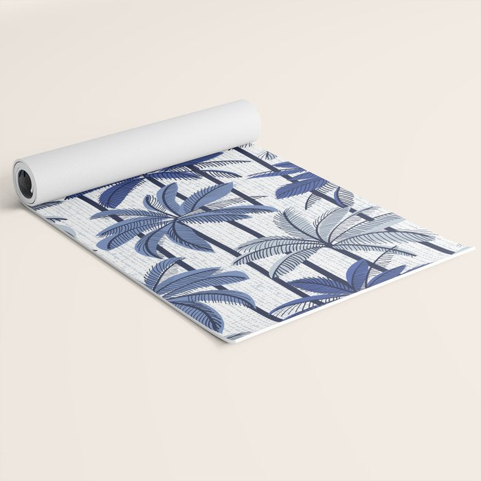 Retro Palm Springs vibes // white background highball indigo electric and pastel blue palm trees oxford navy blue lines Yoga Mat Gallery Image 2