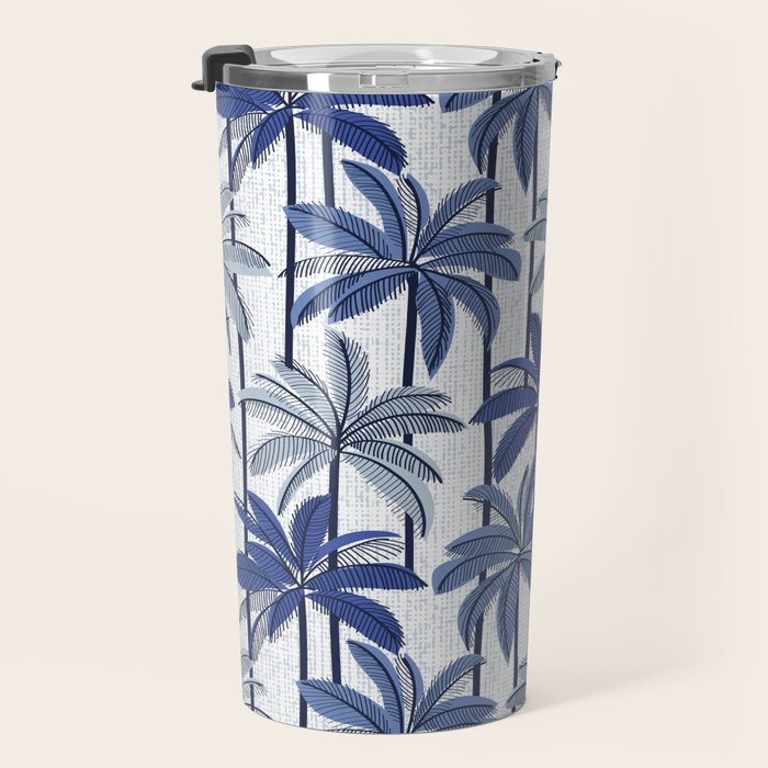 Retro Palm Springs vibes // white background highball indigo electric and pastel blue palm trees oxford navy blue lines Travel Mug Gallery Image 3